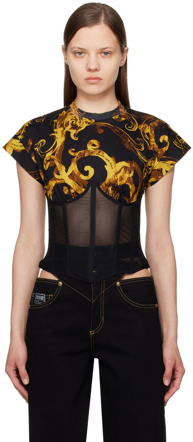 Tričko Versace Couture Black & Gold Watercolor Baroque T-Shirt Čierna | E76HAH6A0_EJS287, 0