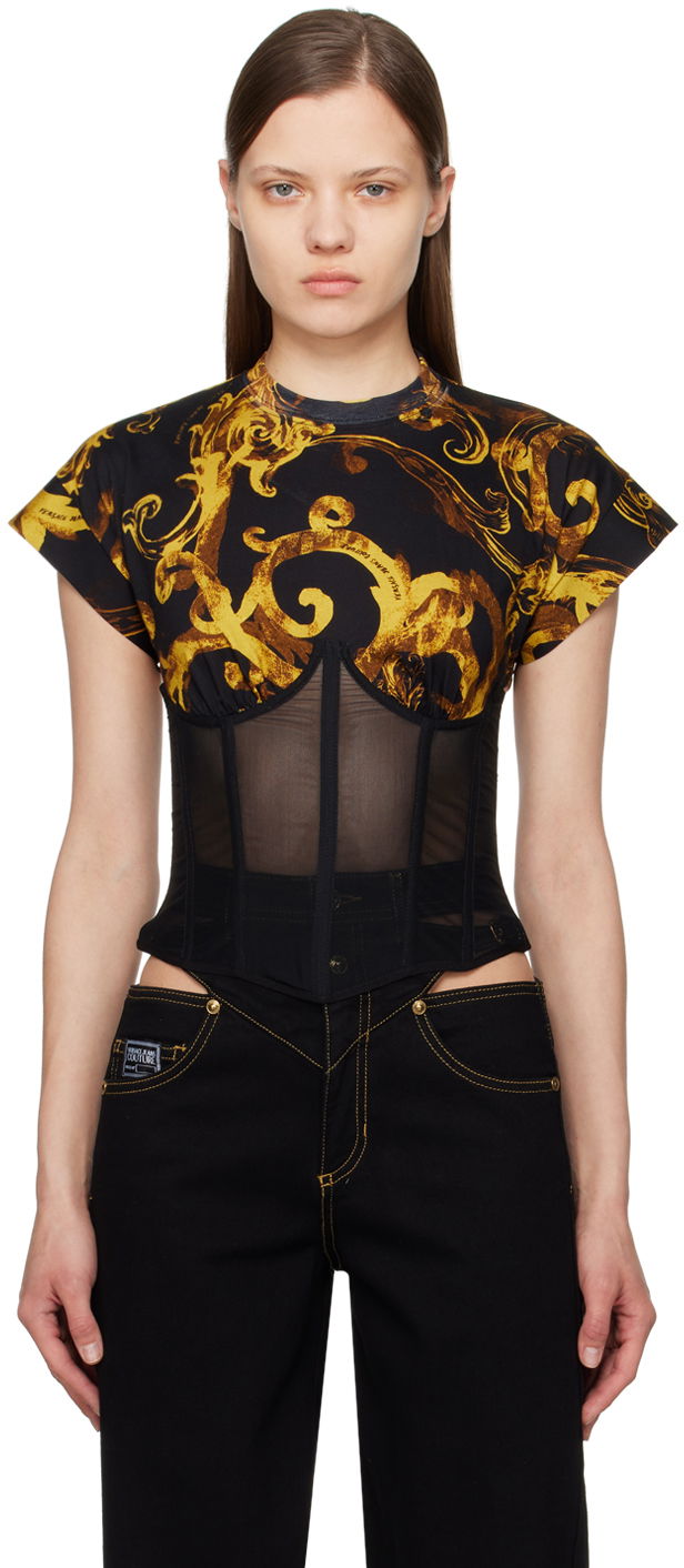 Tričko Versace Couture Black & Gold Watercolor Baroque T-Shirt Čierna | E76HAH6A0_EJS287