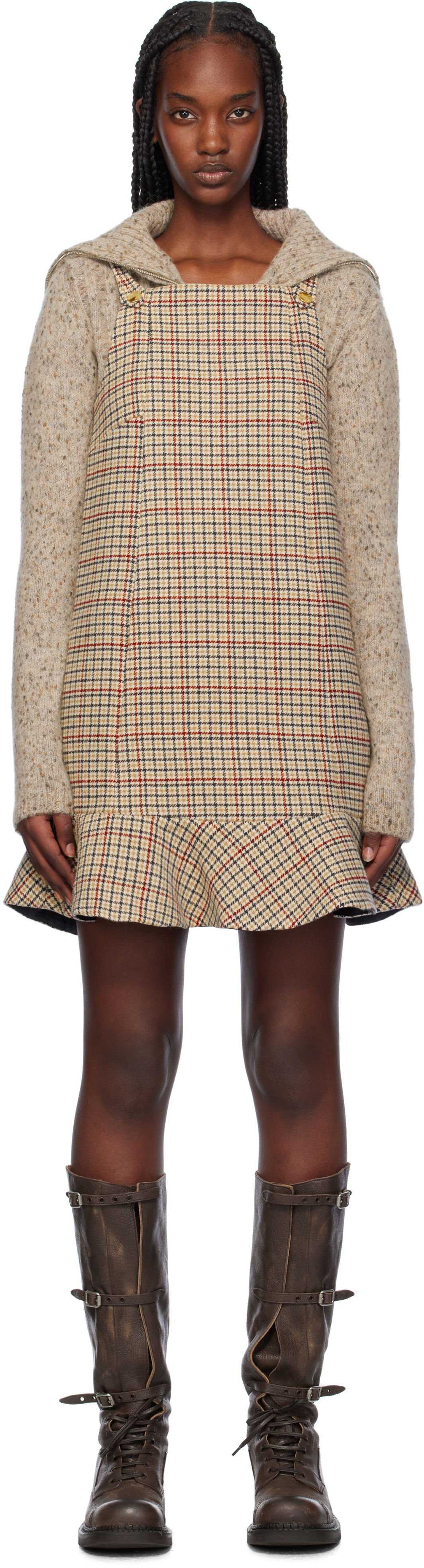 Šaty GANNI Check Print Ruffle Hem Mini Dress Béžová | F9695, 0