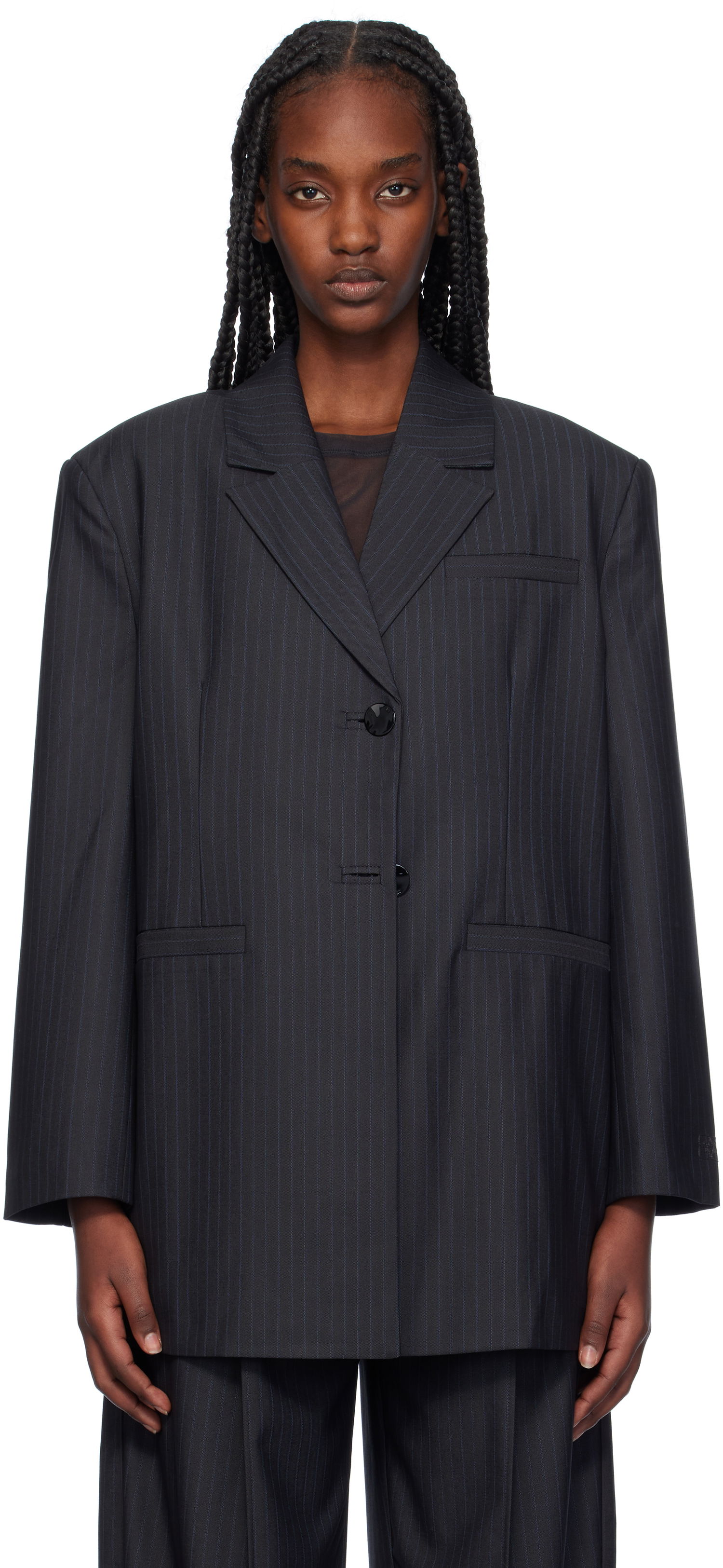 Bunda GANNI Stripe Suiting Oversized Blazer Čierna | F9697, 0