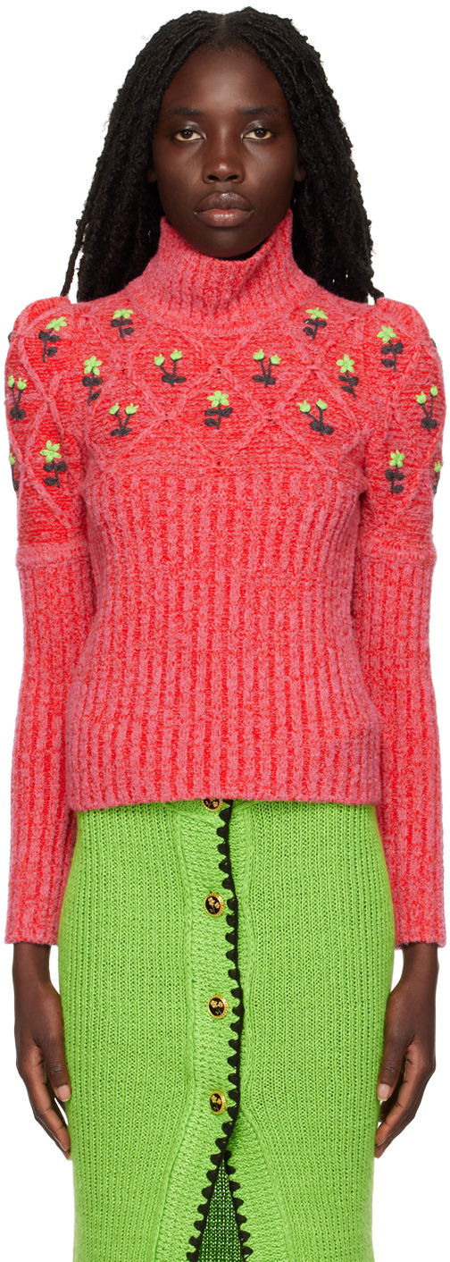 Sveter CORMIO Floral Embroidered Turtleneck Sweater Červená | OMA TURTLENECK 5, 0