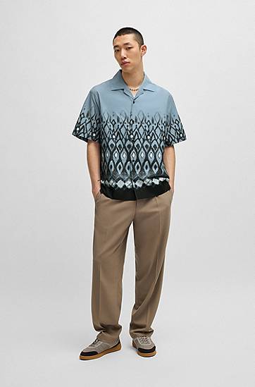 Košeľa BOSS Oversized Cotton Shirt with Hand-Painted Print Modrá | 50539218, 1