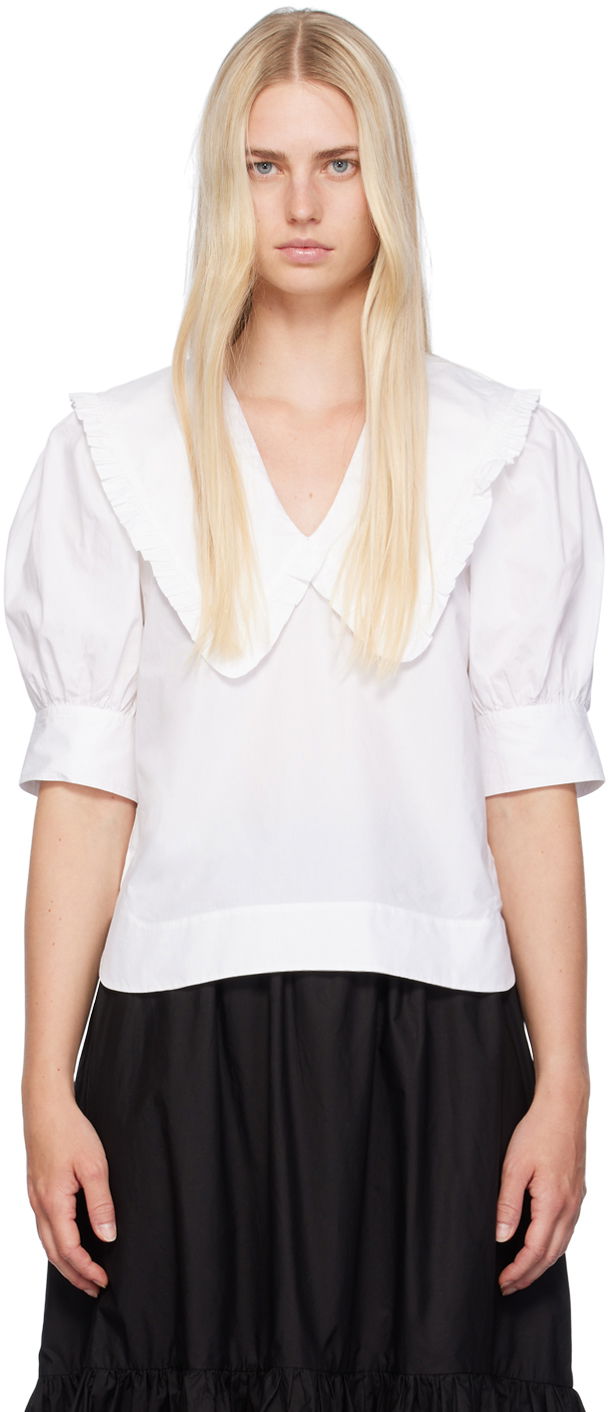 Košeľa GANNI V-Neck Blouse With Collar Biela | F8635