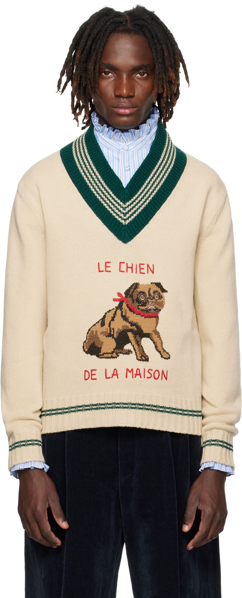 Sveter Valentino Valentino 'Le Chien De La Maison' Jacquard Wool V-Neck Sweater Béžová | 7V3KC35EB2M
