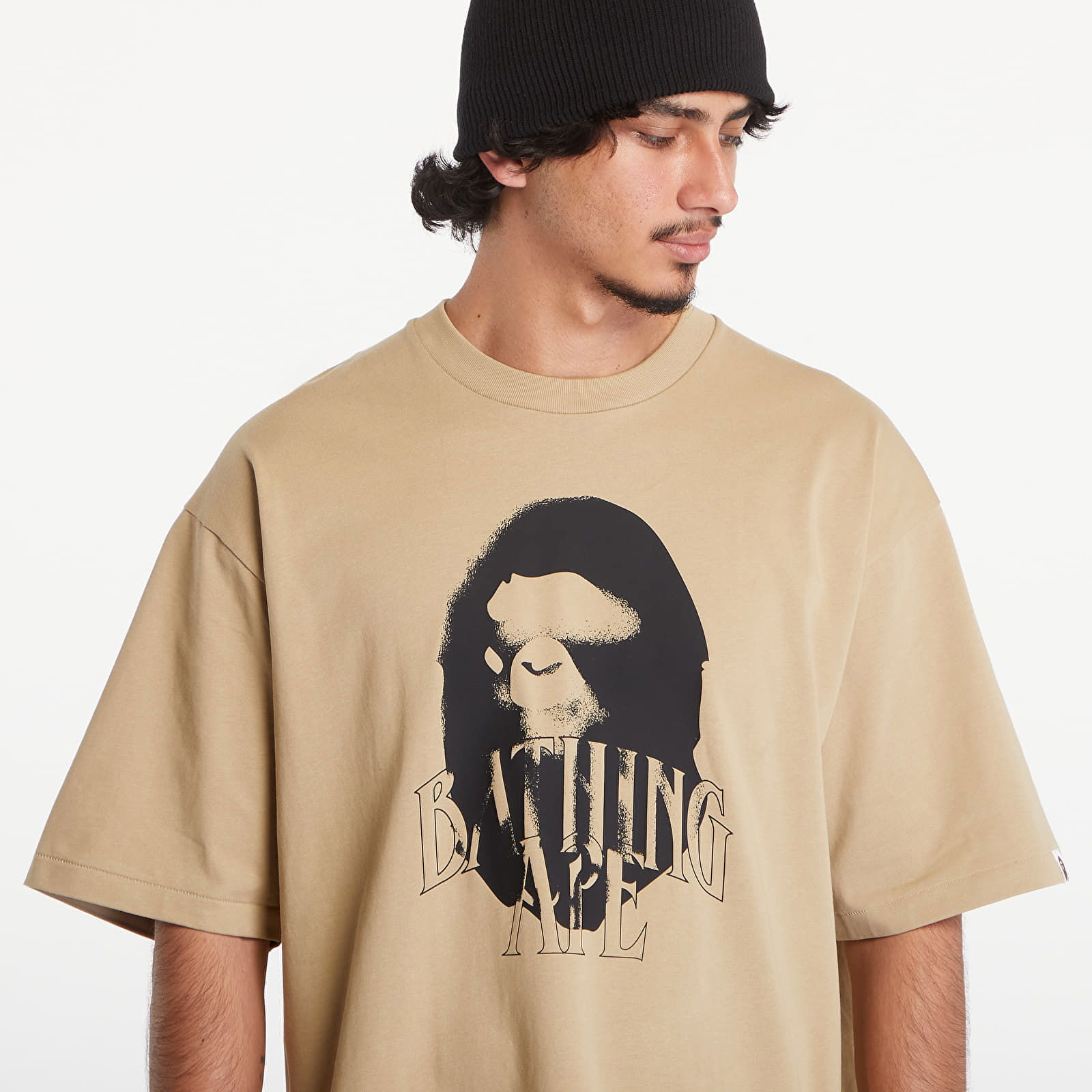 A BATHING APE Spray Print Logo Relaxed Fit Short Sleeve Tee Beige