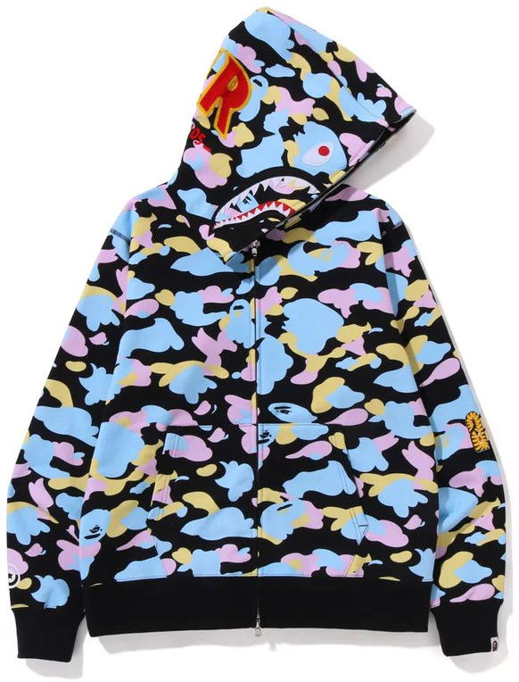 Bape New Multi Camo 2nd Shark Full Zip Hoodie Black