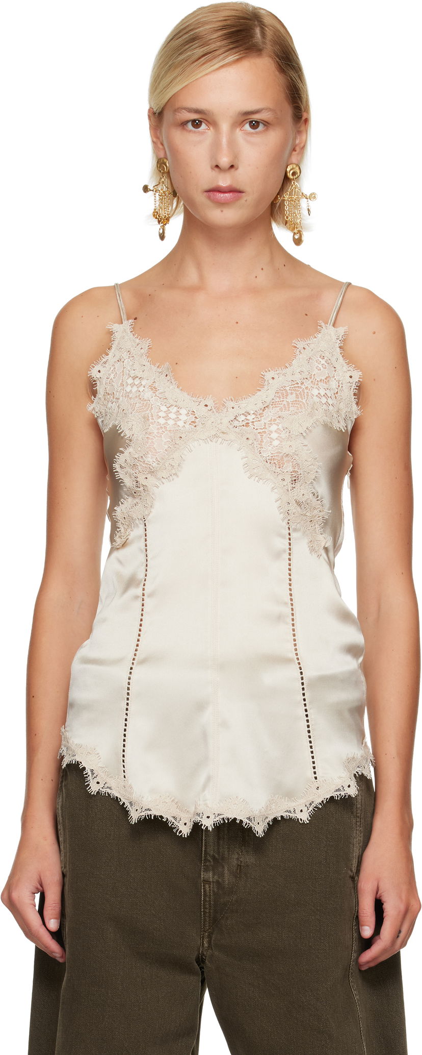 Tielko ISABEL MARANT Isabel Marant Diandra Satin Lace Camisole Top Béžová | HT0721FA-C3J05I