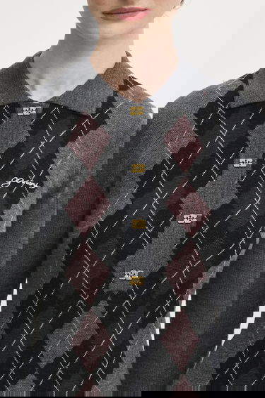 Polo tričko GANNI Knitted Argyle Polo Top Šedá | K2314, 3