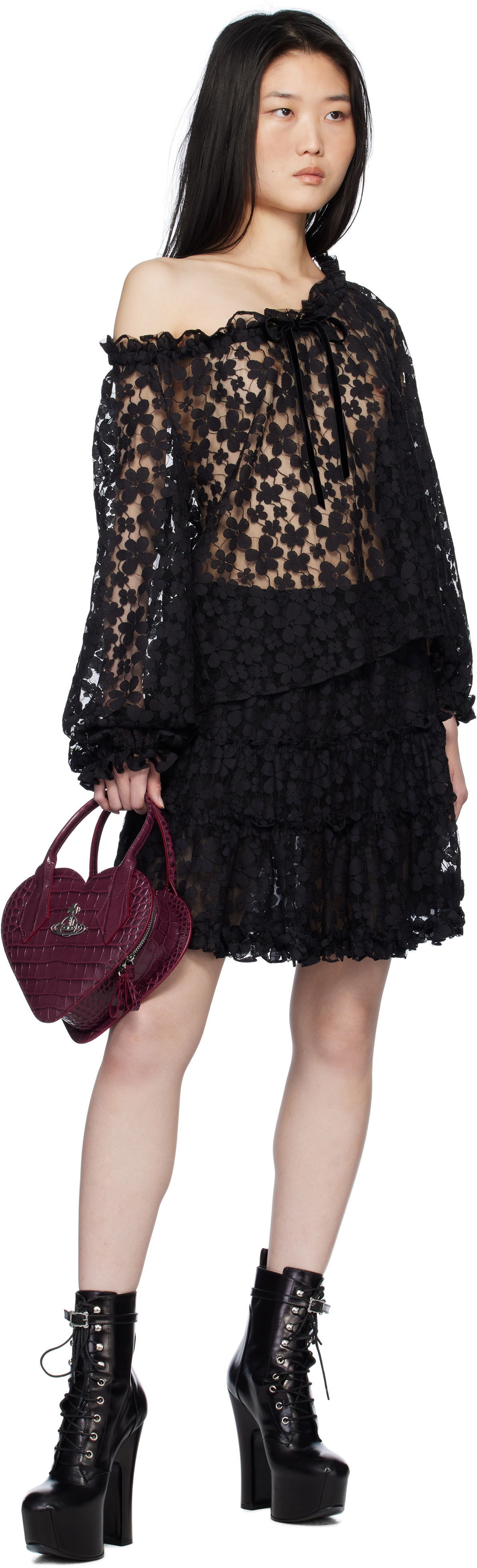 Shadow Blossom Elastic Lace Blouse