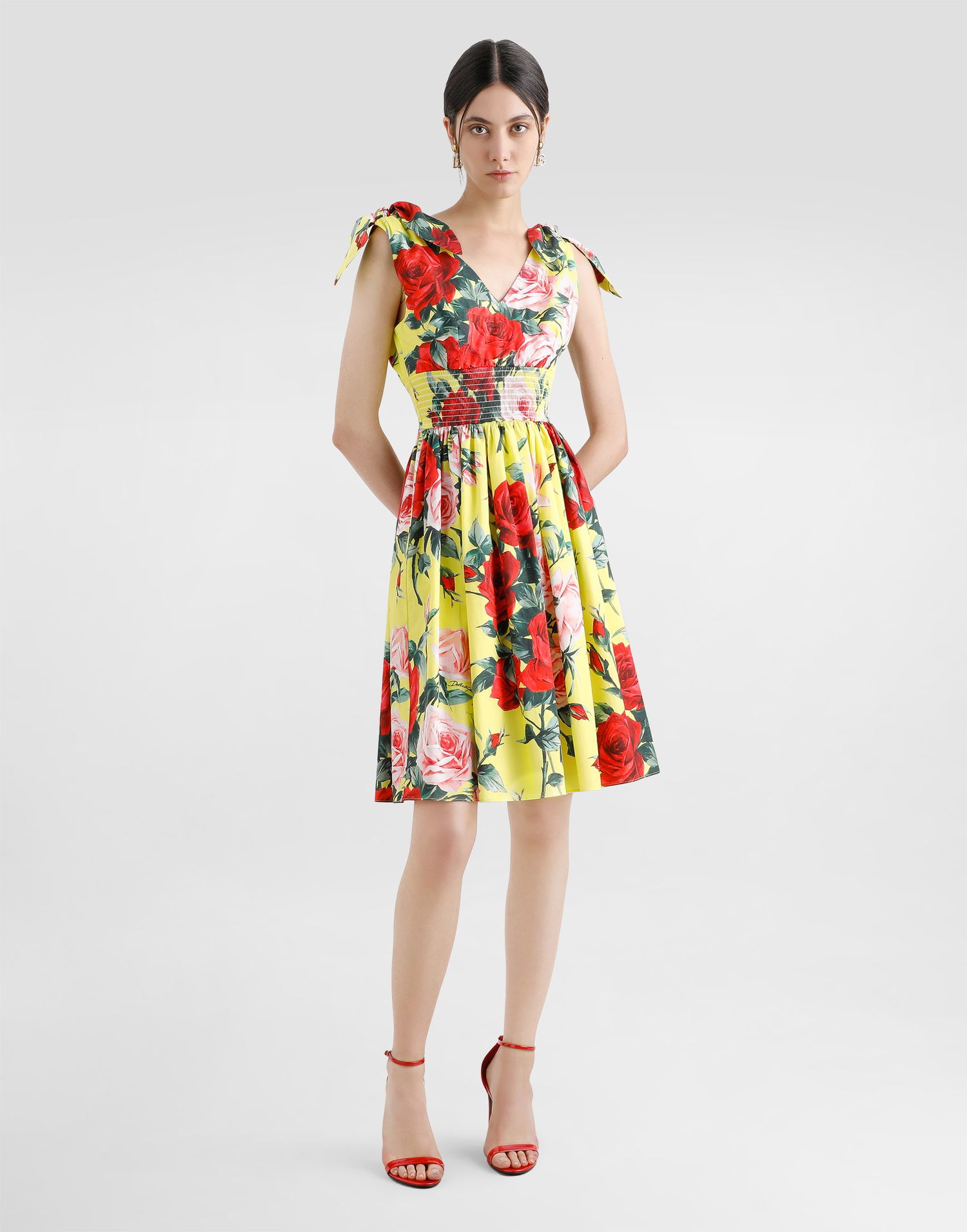 Šaty Dolce & Gabbana Dolce & Gabbana Cotton Midi Dress with Rose Print and Tie-Shoulder Straps Žltá | F6I0ATHS5TFHG5JD, 1