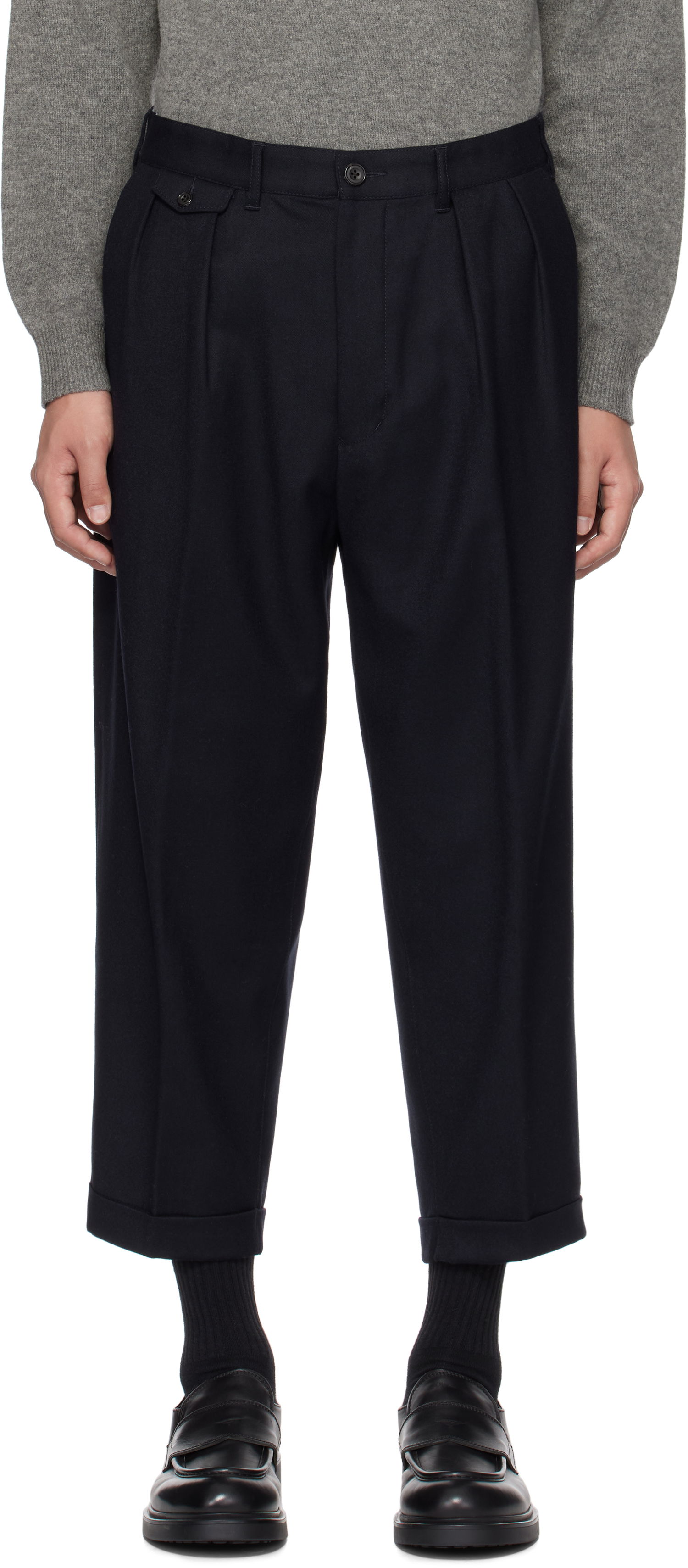 Nohavice BEAMS Beams Plus 2 Pleats Flannel Tapered Trousers Navy | 38230113277, 0