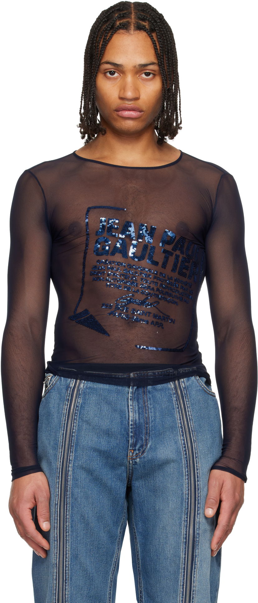 Tričká a tielka Jean Paul Gaultier 'The Embroidered' Sheer Mesh Long Sleeve Top Navy | 25/04-W-TO381-M001-59