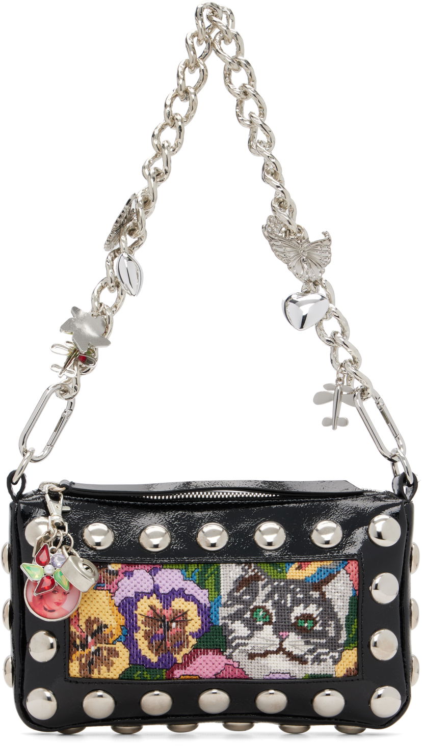 Kabelka Chopova Lowena Fillie Studded Chain Charm Embroidered Pouch Bag Čierna | 6453