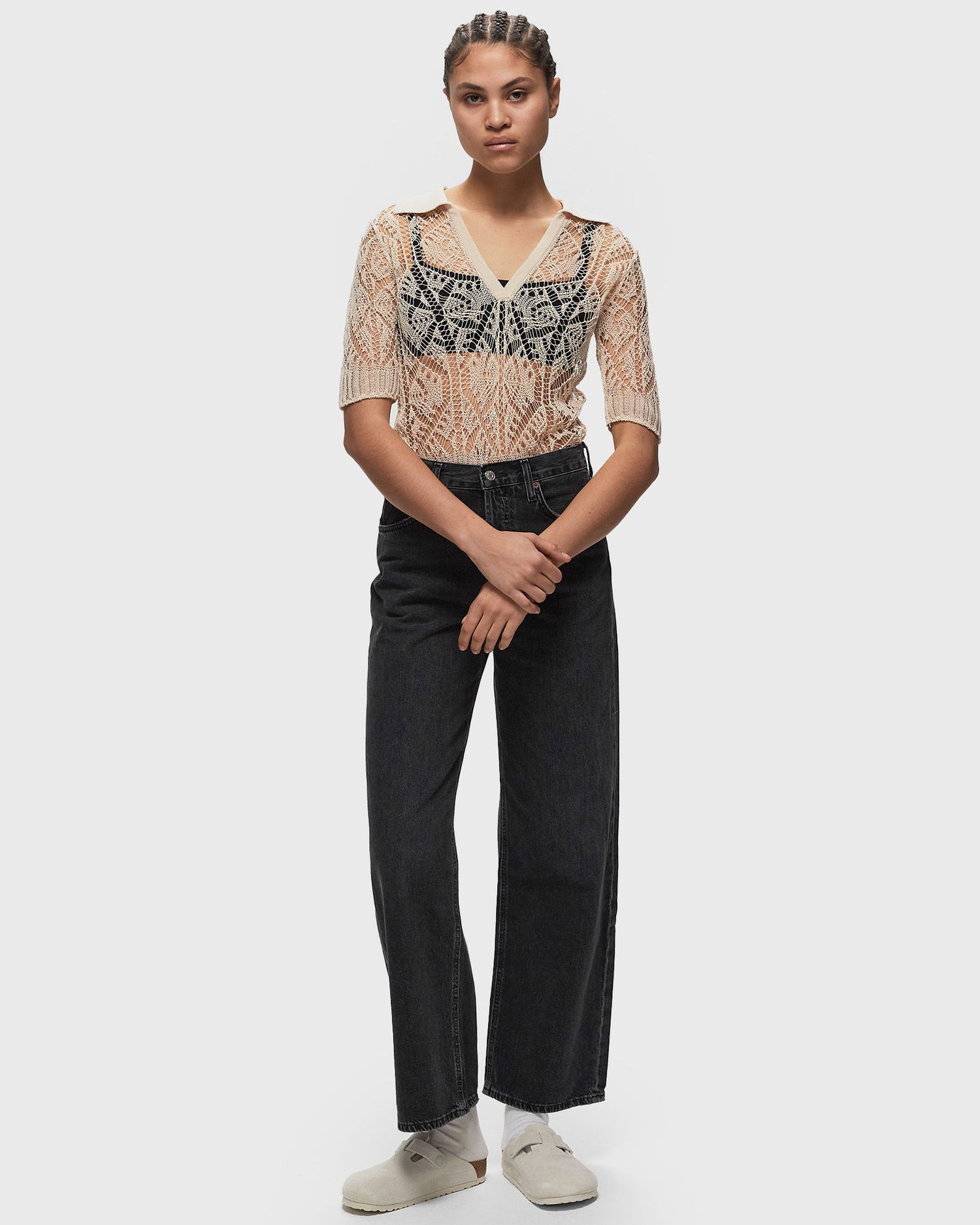 Polo tričko GANNI Thin Cotton Lace Short Sleeve Polo Béžová | K2200-135, 1