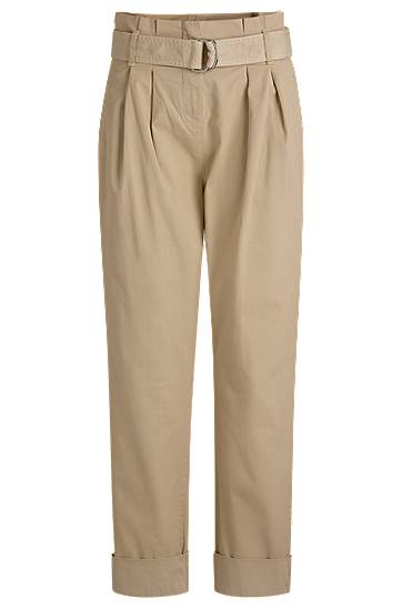 Nohavice BOSS Paperbag Stretch-Cotton Twill Trousers Béžová | 50533248, 0