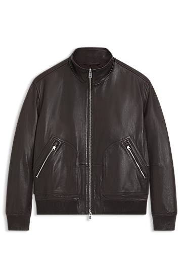 Bomber bunda BOSS Nappa-leather Bomber Jacket with Two-Way Zip Hnedá | 50547589, 0