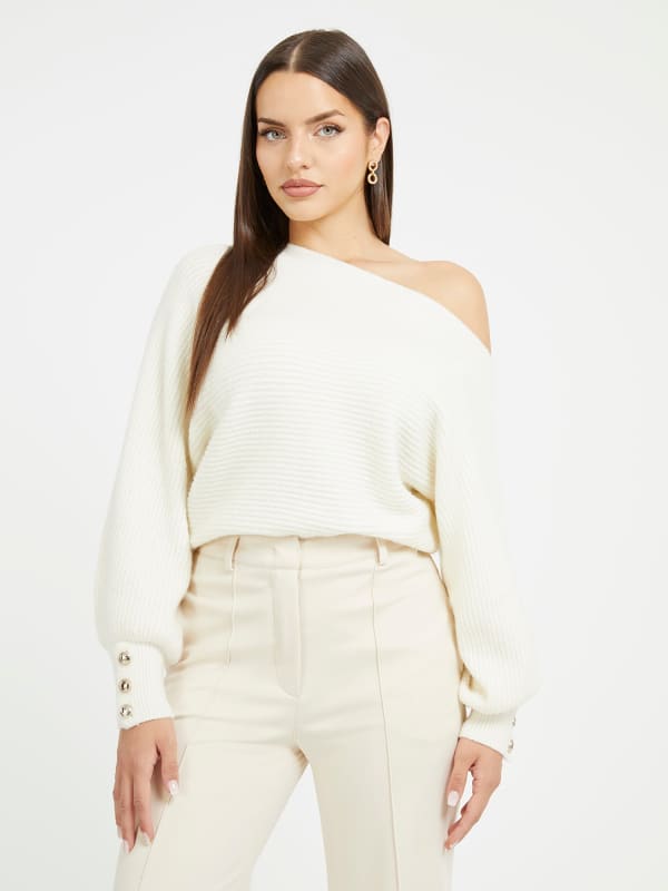 Tričko GUESS Off-Shoulder Wool Blend Biela | W3BR13Z2QA0, 0