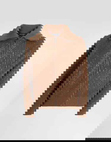 Sveter Dolce & Gabbana Ribbed Sequined Wool Zip-Up Collared Cardigan Hnedá | GXVFYZJDVFPM1384, 0