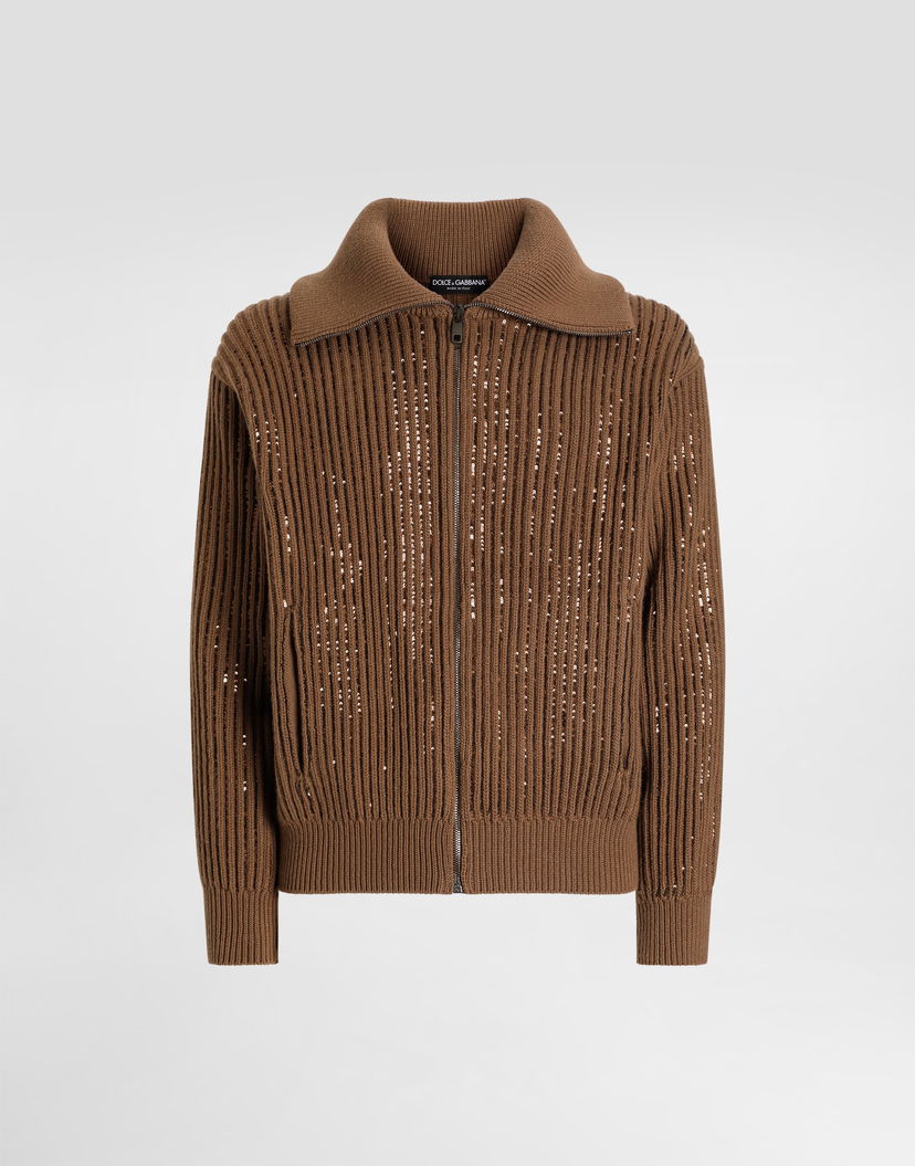 Sveter Dolce & Gabbana Ribbed Sequined Wool Zip-Up Collared Cardigan Hnedá | GXVFYZJDVFPM1384