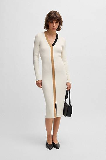 Šaty BOSS Contrast Detail Knit Midi Dress Biela | 50537746, 1