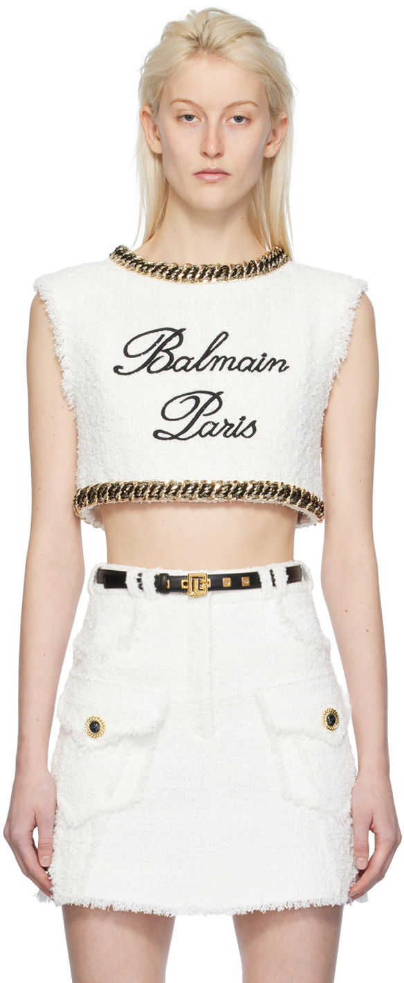 Tielko Balmain Embroidered Tank Top Biela | CF1AI145CE79, 0