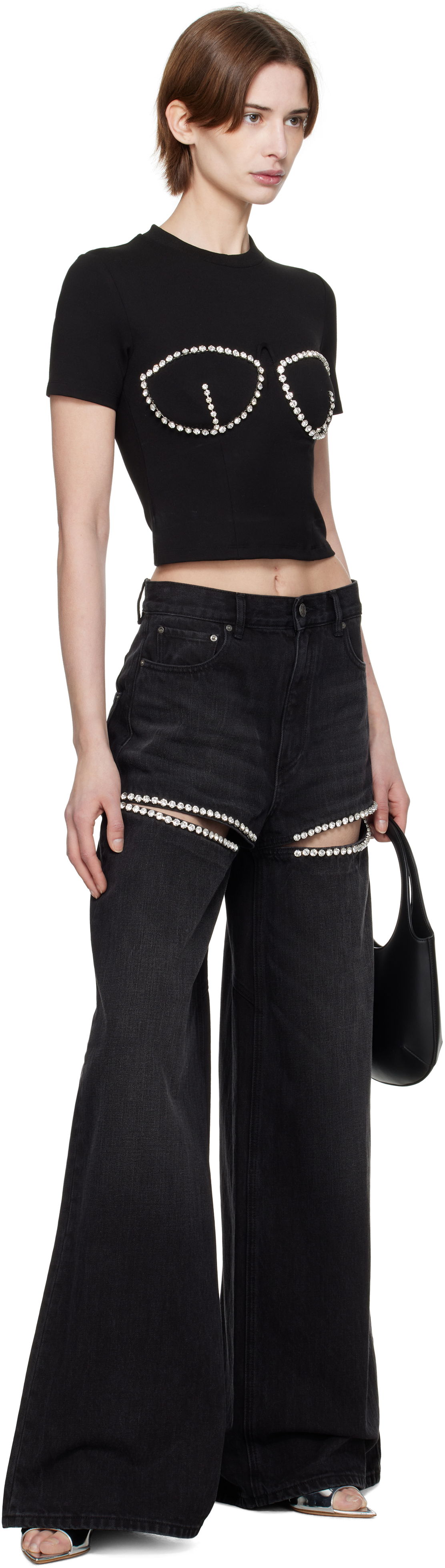 AREA Wide Leg Crystal Slit Jeans