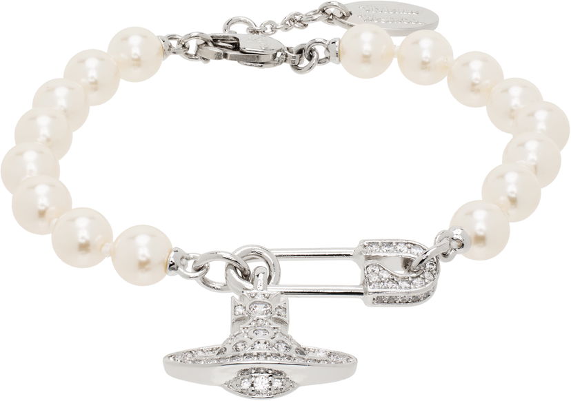 Náramok Vivienne Westwood Vivienne Westwood Lucrece Faux-Pearl Bracelet with Pave Safety Pin Charm Biela | 61030053-02P147-IM