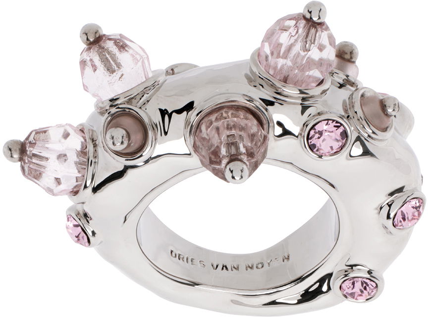 Prsteň Dries Van Noten Silver & Pink Beaded Ring Šedá | 242-018231-055, 0