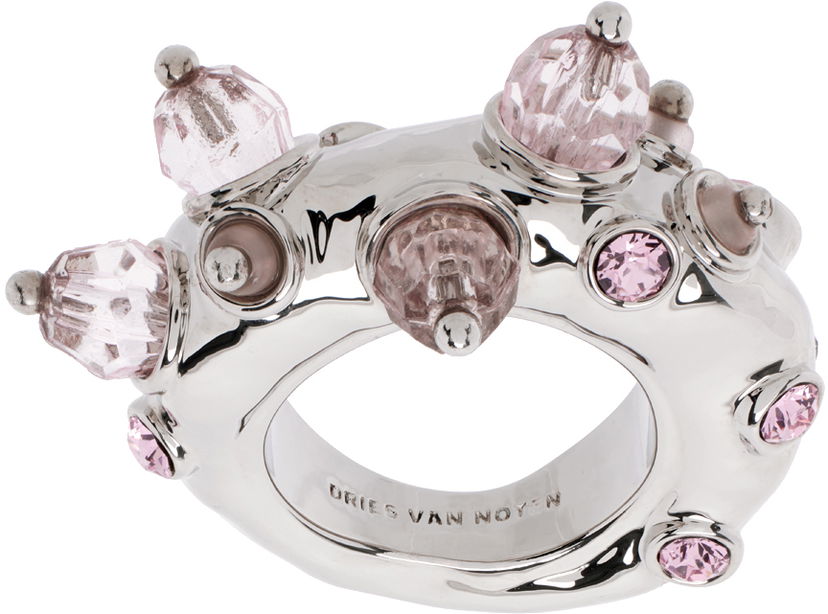 Prsteň Dries Van Noten Silver & Pink Beaded Ring Šedá | 242-018231-055