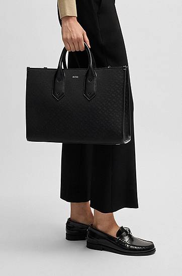 Tote bag BOSS BOSS Monogram-Twill Tote Bag with Faux-Leather Trims Čierna | 50535980, 1
