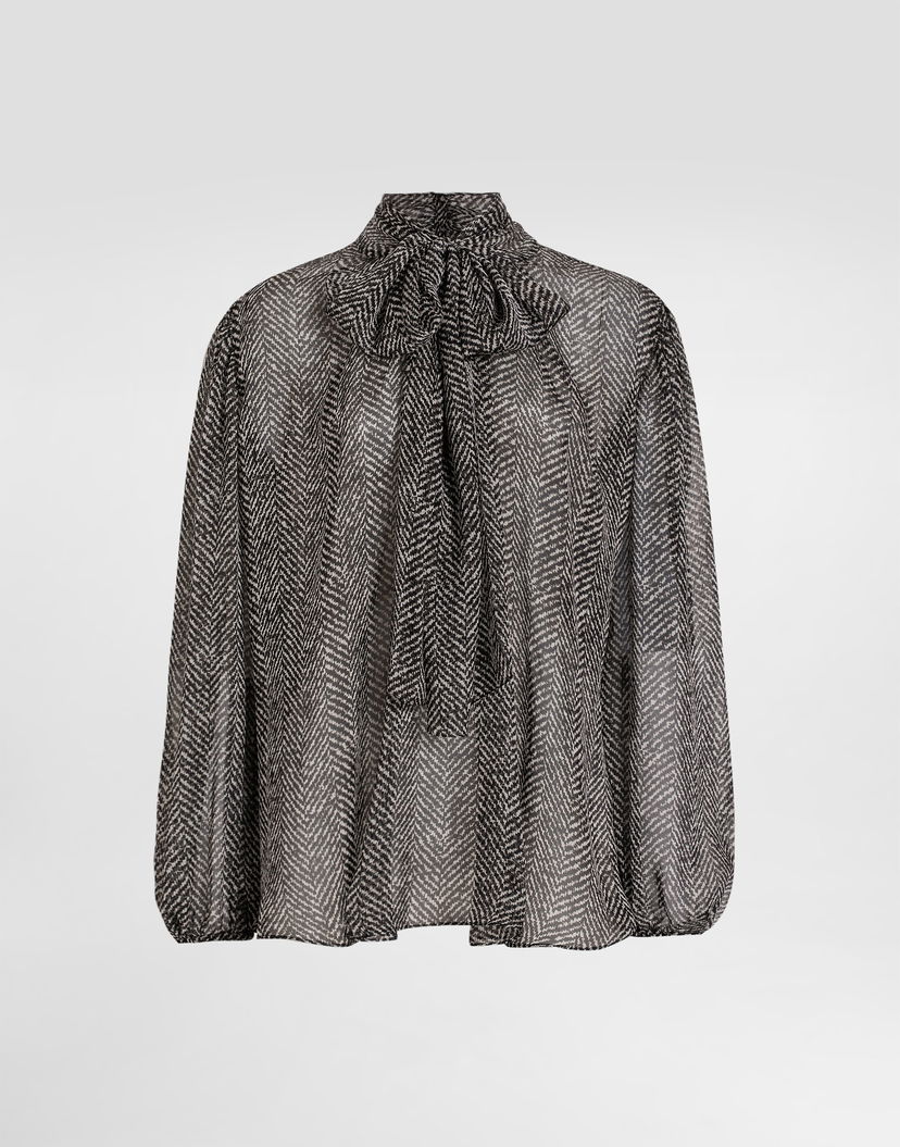 Košeľa Dolce & Gabbana Dolce & Gabbana Chevron-Print Silk Chiffon Pussy-Bow Blouse Čierna | F5R62TIS1ZNHH5QS