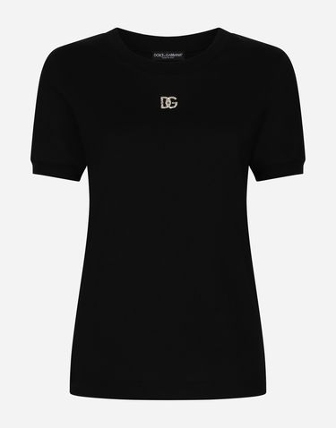 Tričko Dolce & Gabbana Cotton T-shirt With Crystal Dg Logo Čierna | F8U08ZG7B3UN0000, 0