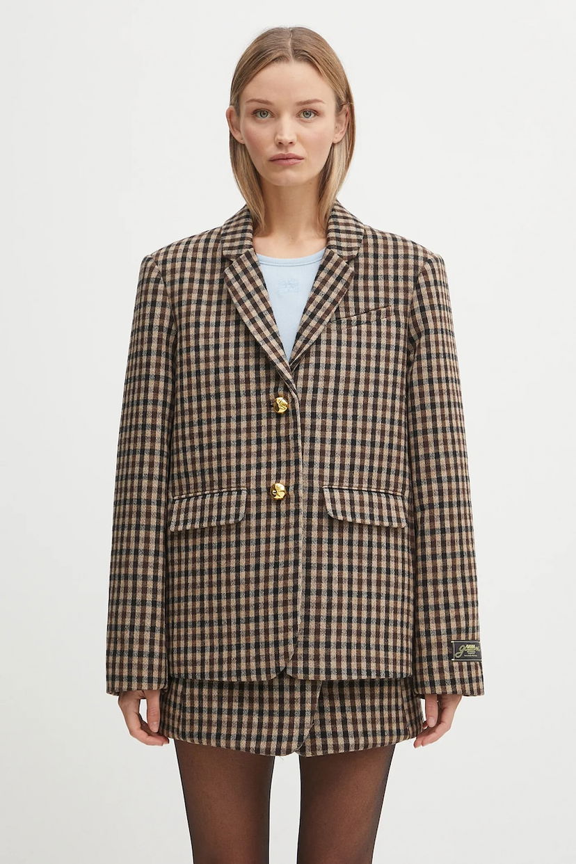 Bunda GANNI GANNI Check Wool Mix Oversized Blazer Hnedá | W0426