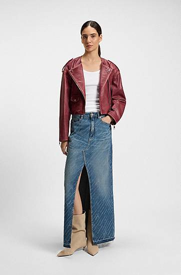 Sukňa BOSS Long Denim Skirt with Logo Pinstripe and Front Slit Modrá | 50542445, 1