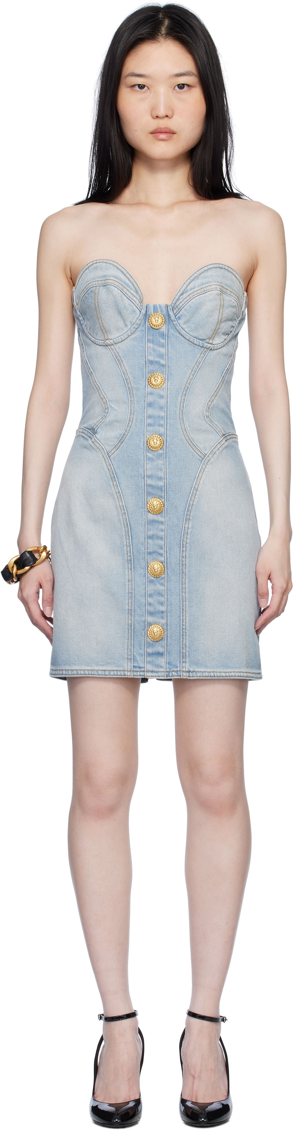 Šaty Balmain Buttoned Denim Minidress Modrá | EF1R1315DF23, 0