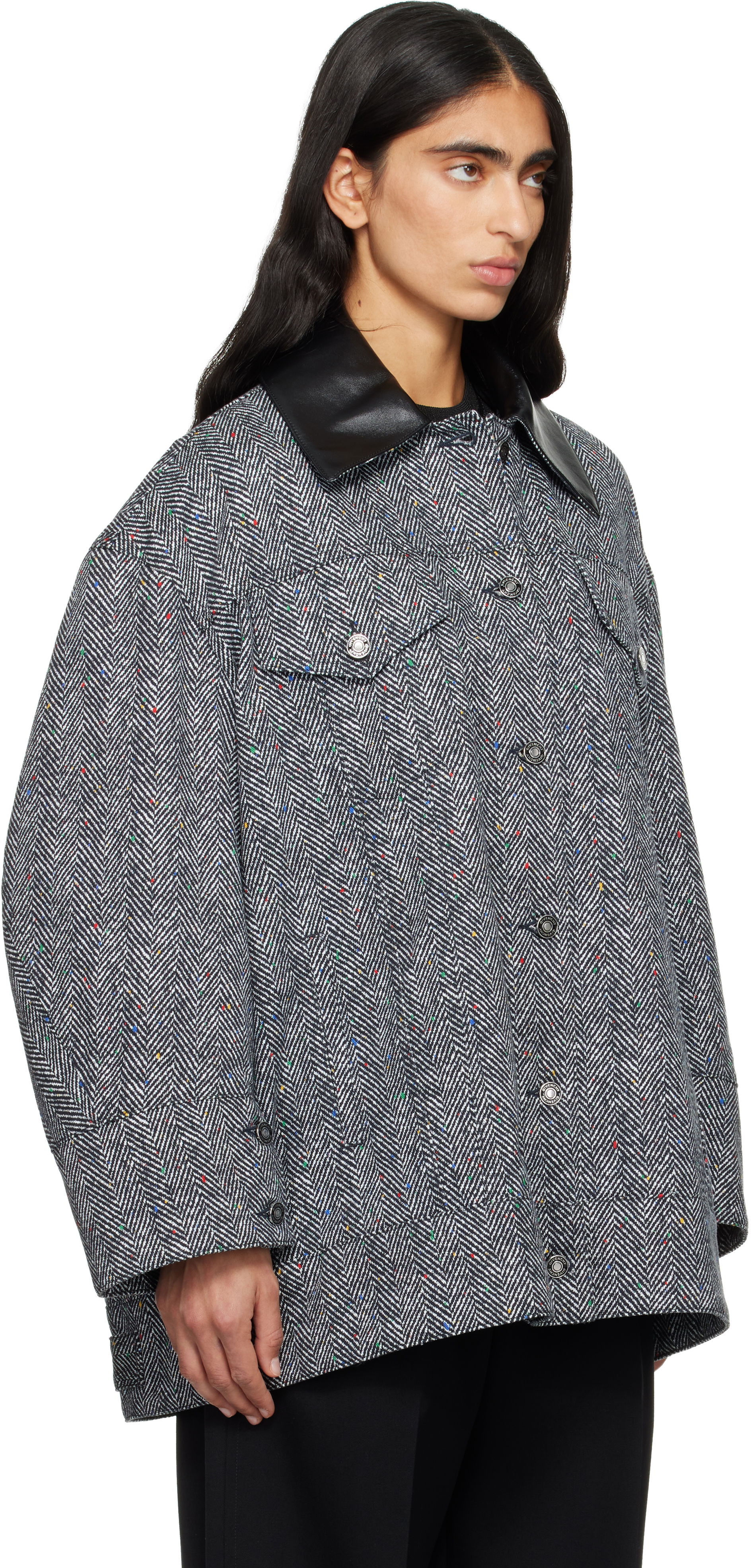 Speckled Herringbone Leather-Collar Utility Jacket, 1
