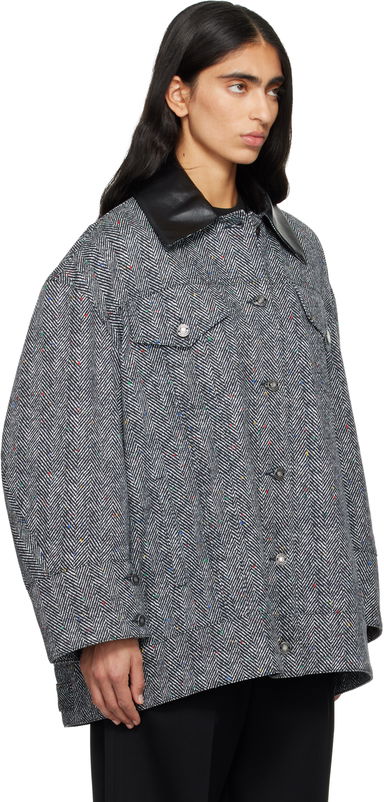 Speckled Herringbone Leather-Collar Utility Jacket, 1