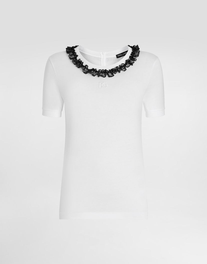 Tričko Dolce & Gabbana Jersey T-shirt With Lace And Dg Embroidery Biela | F8U08ZGDDPNW0800