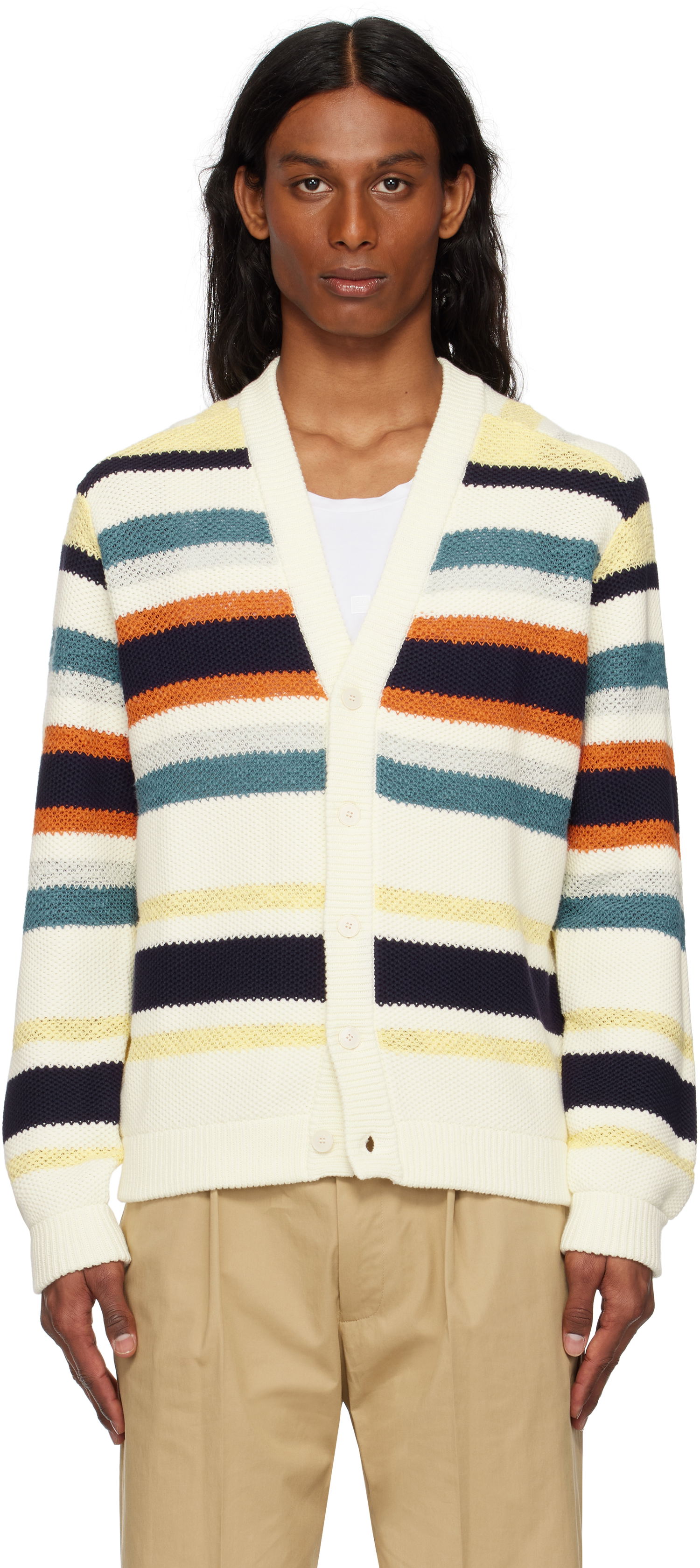 Sveter MAISON KITSUNÉ Maison Kitsuné Comfort Striped Knit Cardigan Biela | OM00506KT1129, 0