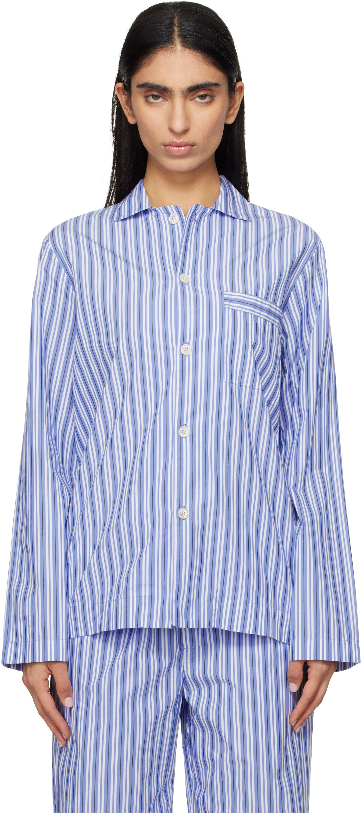 Košeľa TEKLA Striped Poplin Long-Sleeved Pajama Shirt Modrá | SWT-PES, 0