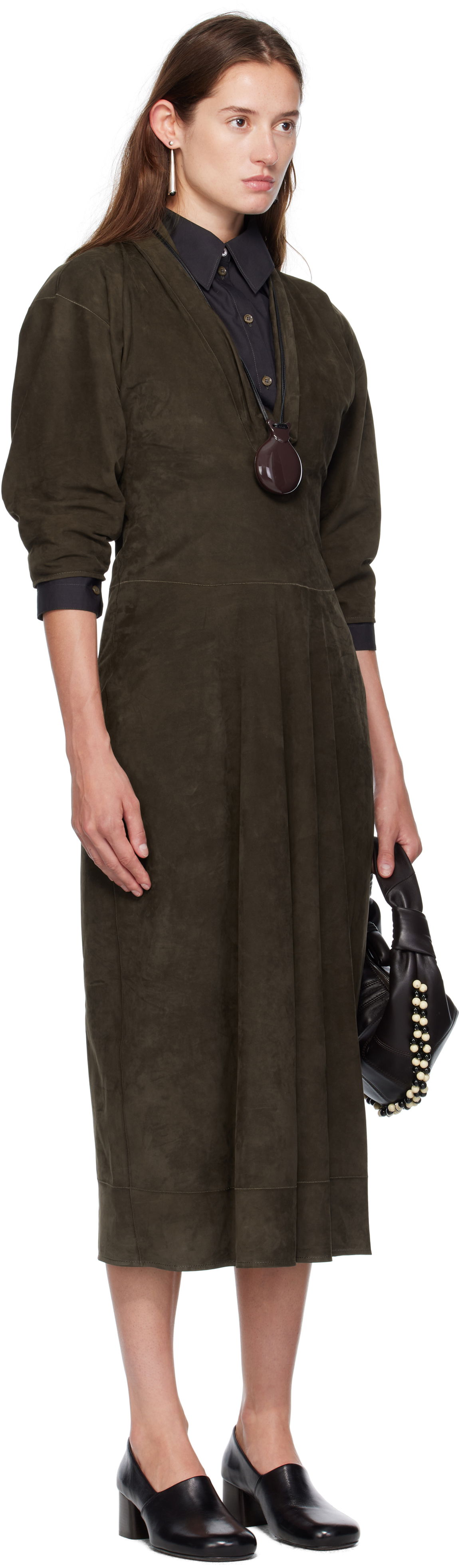 Šaty LEMAIRE Lemaire V-Neck Nubuck Midi Dress Zelené | DR1122 LL0148, 1