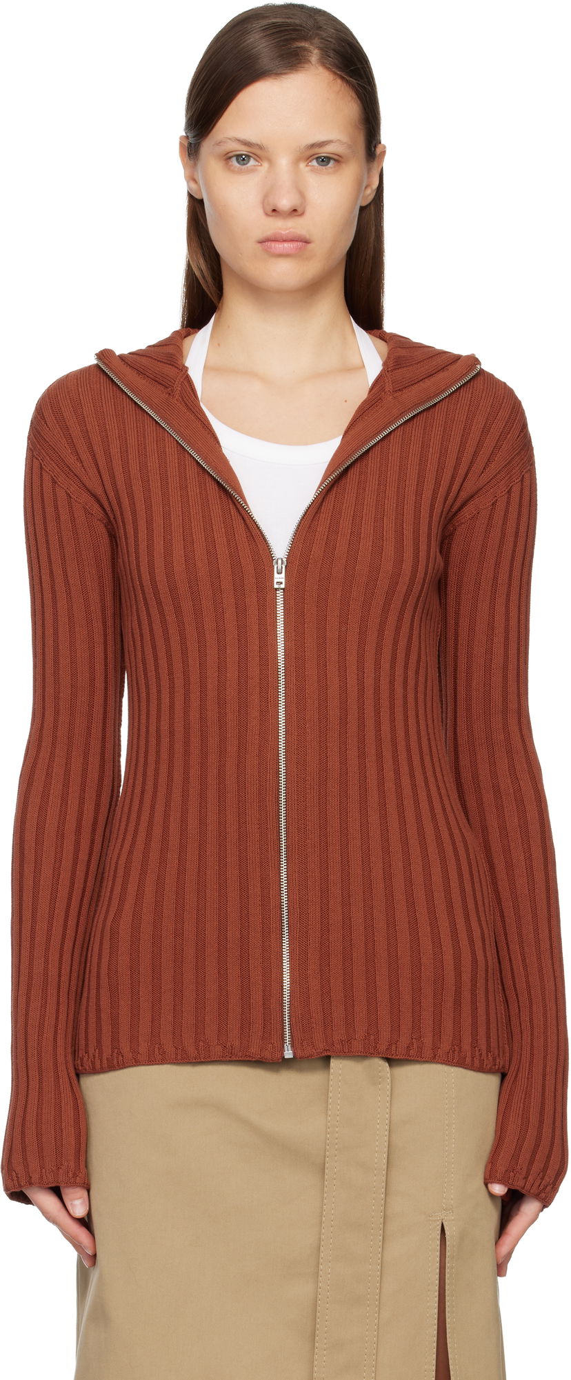 Mikina Acne Studios Acne Studios Ribbed Knit Zip-Up Hoodie Hnedá | C60112-