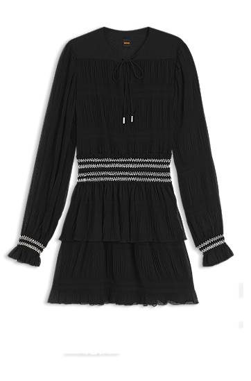 Šaty BOSS Smock-Stitched Waistband Plissé Dress Čierna | 50544042