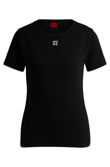 Tričko BOSS HUGO Cotton-Blend T-Shirt with Stacked-Logo Embroidery Čierna | 50512002, 0
