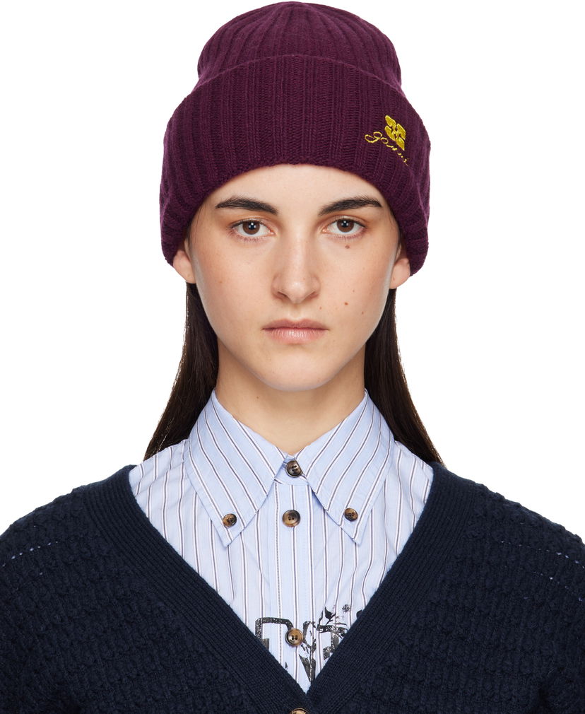 Kulicha GANNI Embroidered Logo Ribbed Wool Knit Beanie Vínová | A6930