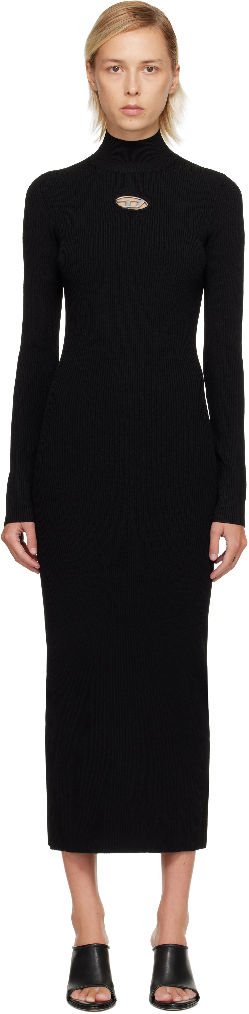 Šaty Diesel Ribbed knit long-sleeve mock neck maxi dress with metallic cut-out Čierna | A14186 0DLAX, 0