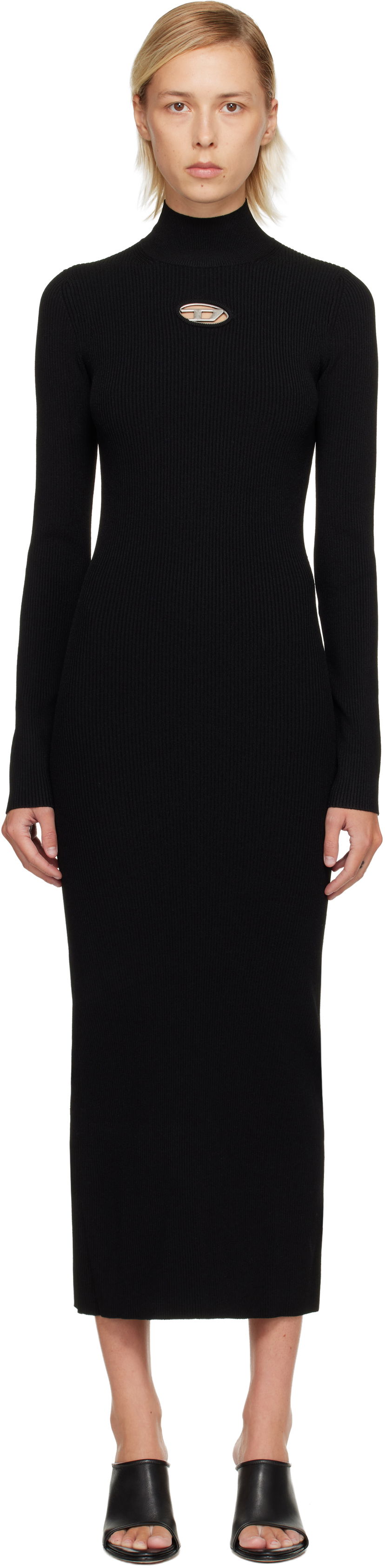 Šaty Diesel Ribbed knit long-sleeve mock neck maxi dress with metallic cut-out Čierna | A14186 0DLAX