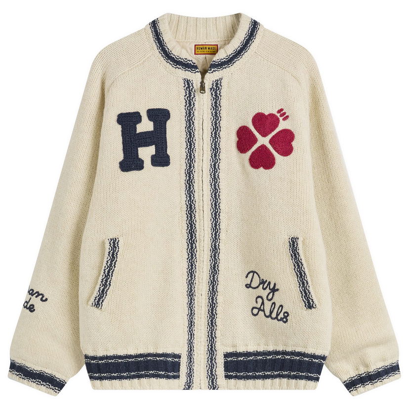Sveter Human Made Varsity H Patch Clover Embroidered Zip-Up Knit Cardigan Large Rôznofarebný | HM30CS020-WHT