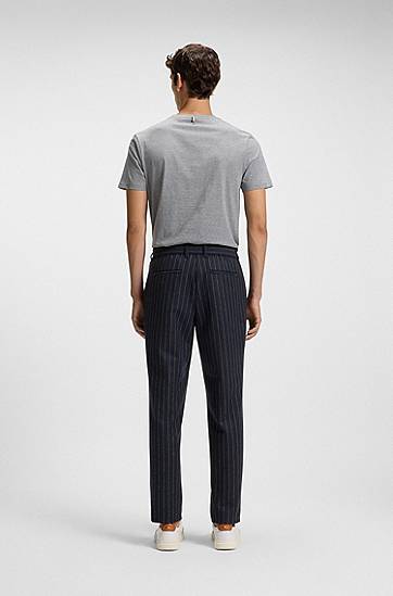 Nohavice BOSS Tapered-fit Pinstripe Trousers with Drawstring in Brushed Stretch Flannel Navy | 50551518, 1