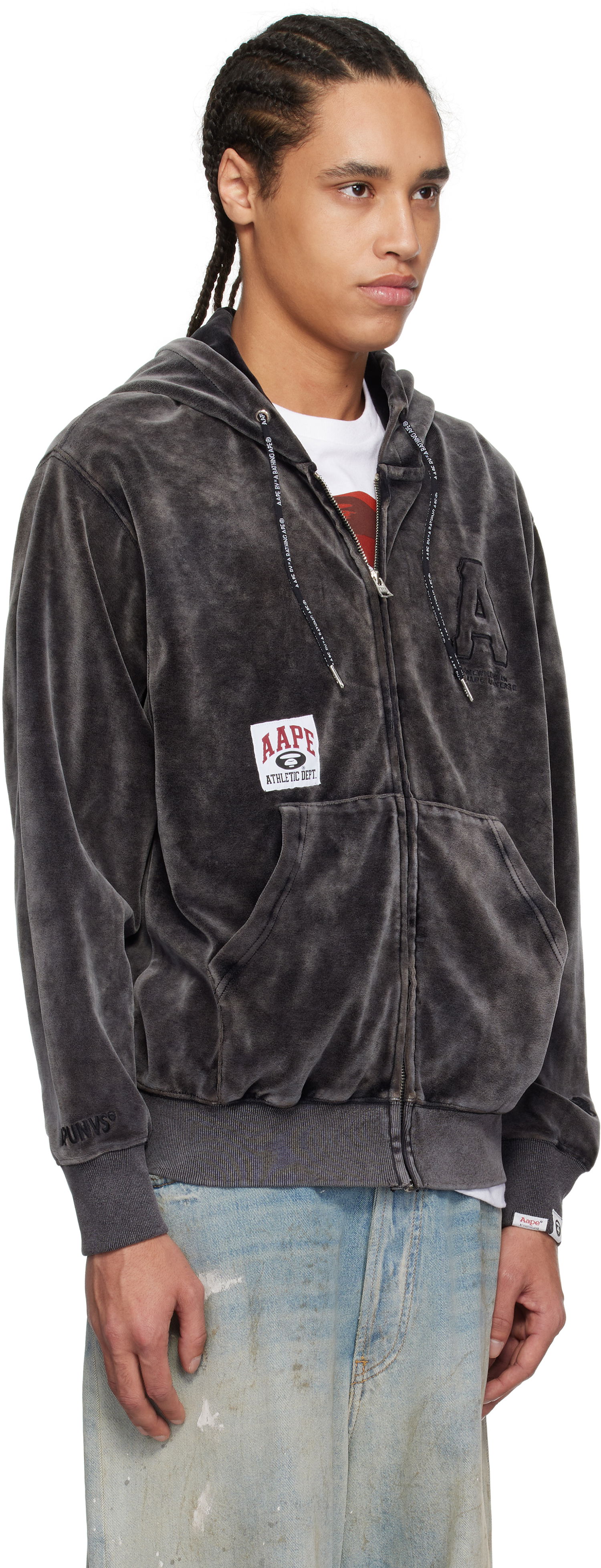 Mikina AAPE by A Bathing Ape AAPE by A Bathing Ape 'AAPE' Logo Velvet Zip-Up Hoodie Šedá | AAPSWMC339XXNBKL, 1